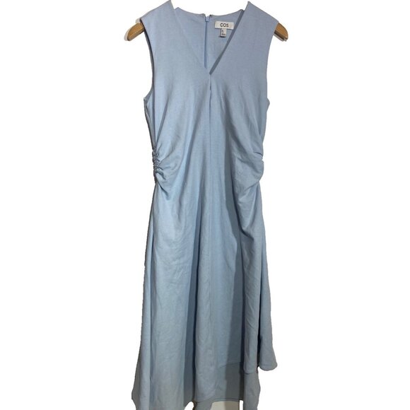 COS Gathered Asymmetrical Midi Dress Sleeveless Blue Ruched Sides Size Small - Picture 1 of 7